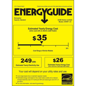 ZLINE Autograph Edition 24 in. Monument Series 3rd Rack Top Control Built-In Tall Tub Dishwasher with Satin Stainless Steel Panel and Matte Black Handle, 45dBa (DWMTZ-SN-24-MB) energy usage guide.
