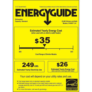 ZLINE 24 in. Monument Series 3rd Rack Top Touch Control Dishwasher with Red Gloss Panel, 45dBa (DWMT-RG-24) energy usage guide showing energy star certification.