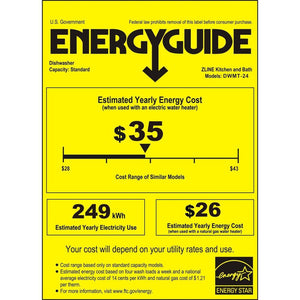 ZLINE Autograph Edition 24 in. Monument Series 3rd Rack Top Touch Control Tall Tub Dishwasher in Black Stainless Steel with Polished Gold Helix Handle, 45dBa (DWMTZ-BS-24-KG) energy usage guide.
