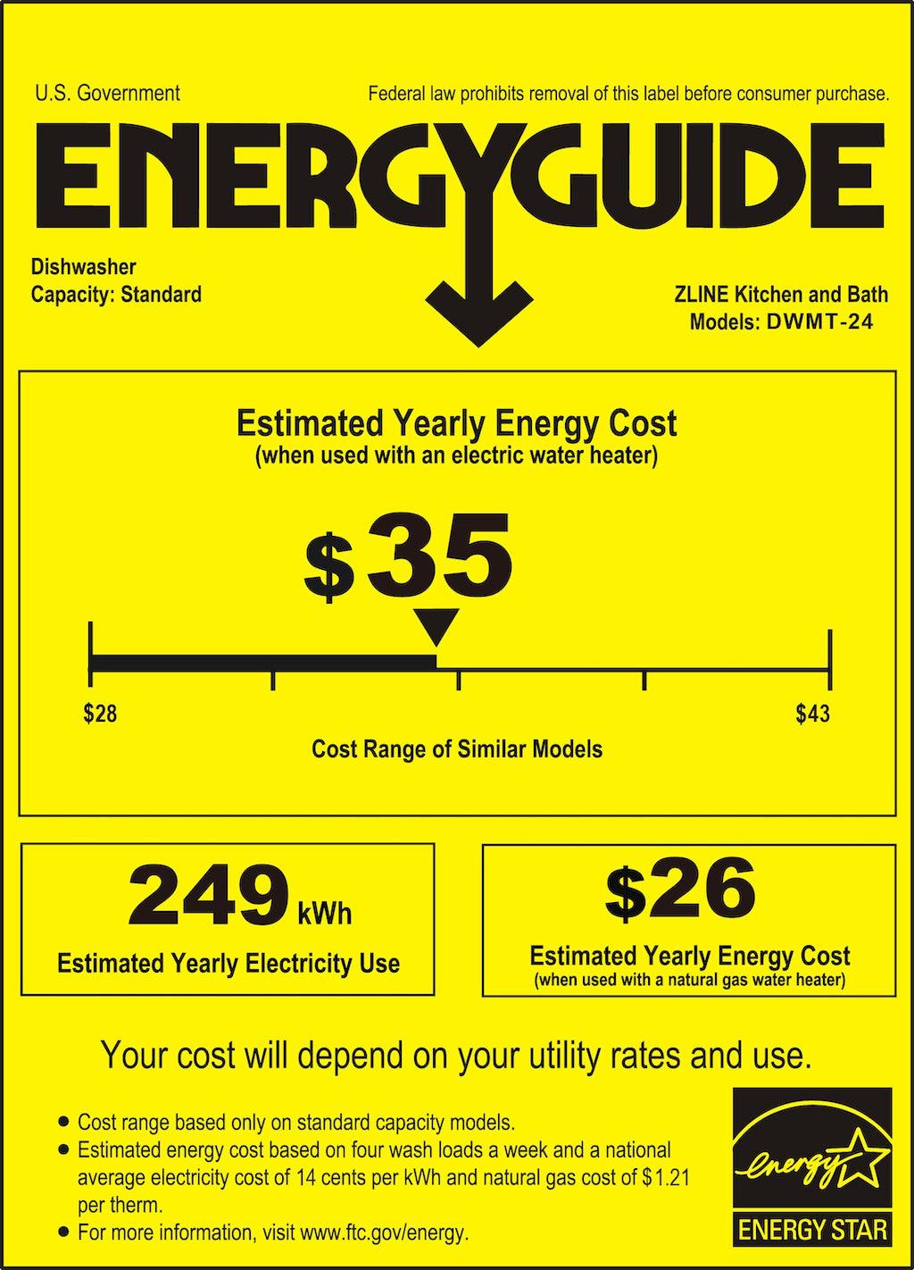 ZLINE Autograph Edition 24 in. Monument Series 3rd Rack Top Touch Control Tall Tub Dishwasher in Black Matte with Polished Gold Handle, 45dBa (DWMTZ-BLM-24-G) energy label and usage guide.