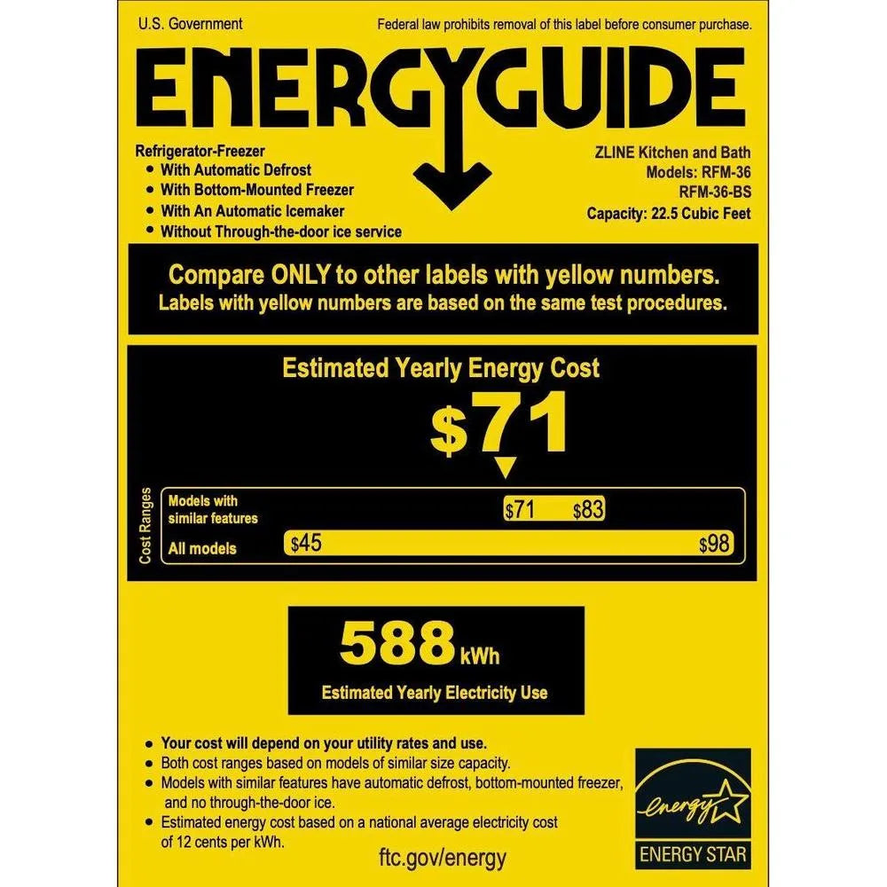 ZLINE 36 in. Freestanding French Door Refrigerator with Ice Maker in Fingerprint Resistant Stainless Steel (RFM-36) Energy Guide Certification