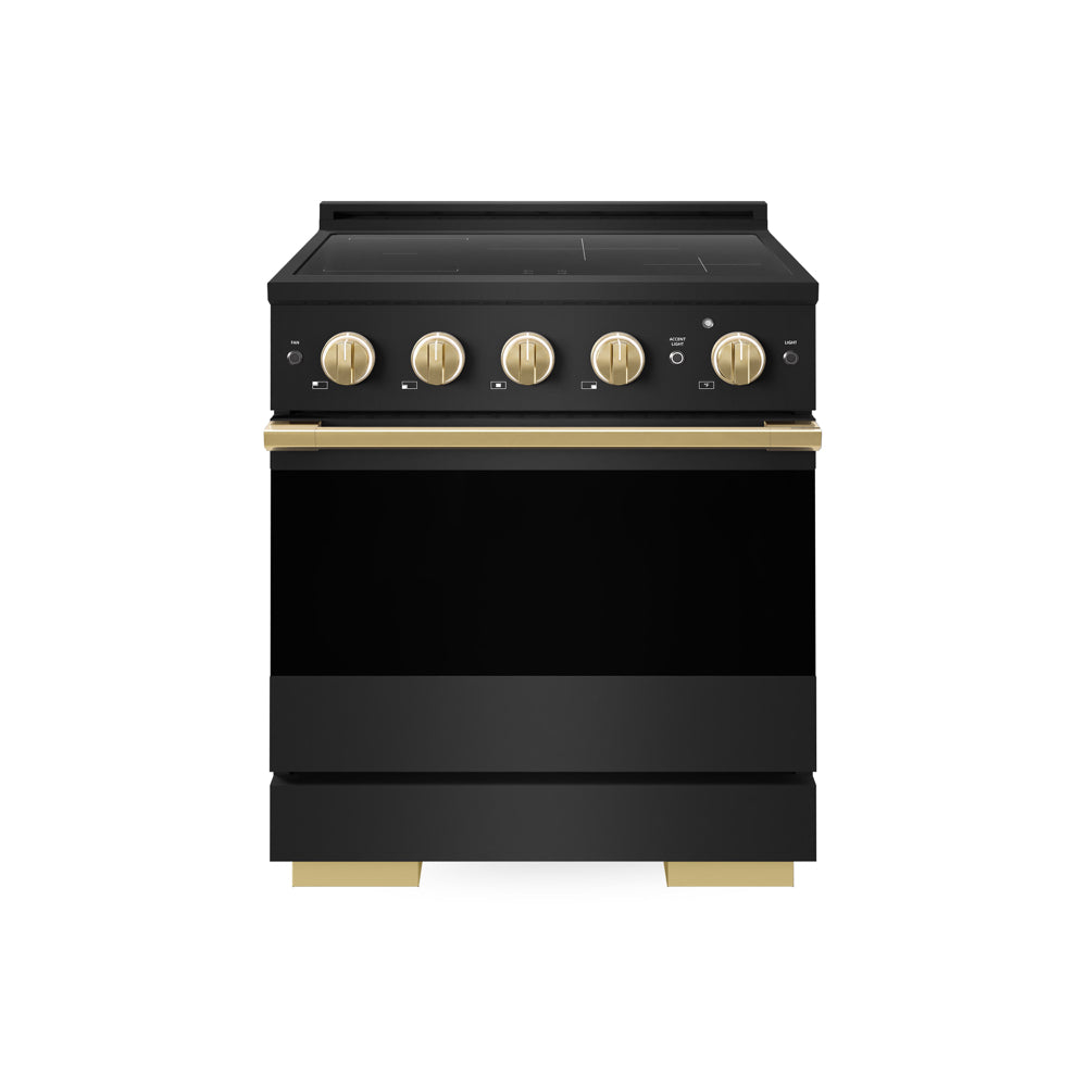ZLINE Autograph Edition 30 in. 4.2 cu. ft. Marino Induction Range with 4 Element Cooktop and Electric Convection Oven in Black Stainless Steel with Polished Gold Accents (MINRBZ-30-G)