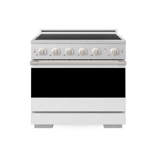 ZLINE 36 in. 5.2 cu. ft. Marino Induction Range with 5 Element Cooktop and Electric Convection Oven in Satin Stainless Steel with White Matte Door (MINRS-WM-36) main image.