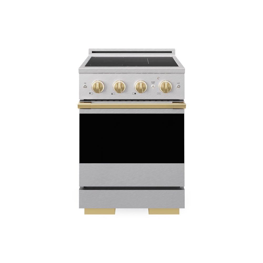 ZLINE Autograph Edition 24 in. 3.2 cu. ft. Marino Induction Range with 3 Element Cooktop and Electric Convection Oven in Satin Stainless Steel with Polished Gold Accents (MINRSZ-24-G)