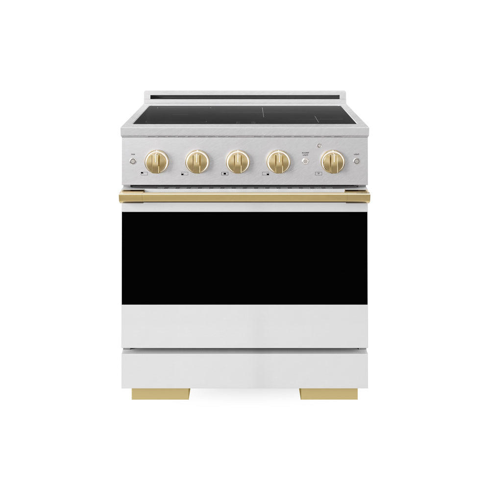 ZLINE Autograph Edition 30 in. 4.2 cu. ft. Marino Induction Range with 4 Element Cooktop and Electric Convection Oven in Satin Stainless Steel with White Matte Door and Polished Gold Accents (MINRSZ-WM-30-G)