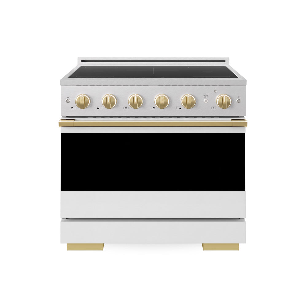 ZLINE Autograph Edition 36 in. 5.2 cu. ft. Marino Induction Range with 5 Element Cooktop and Electric Convection Oven in Satin Stainless Steel with White Matte Door and Polished Gold Accents (MINRSZ-WM-36-G)