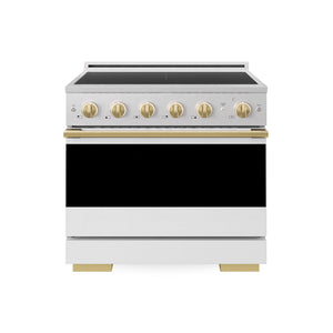 ZLINE Autograph Edition 36 in. 5.2 cu. ft. Marino Induction Range with 5 Element Cooktop and Electric Convection Oven in Satin Stainless Steel with White Matte Door and Polished Gold Accents (MINRSZ-WM-36-G)