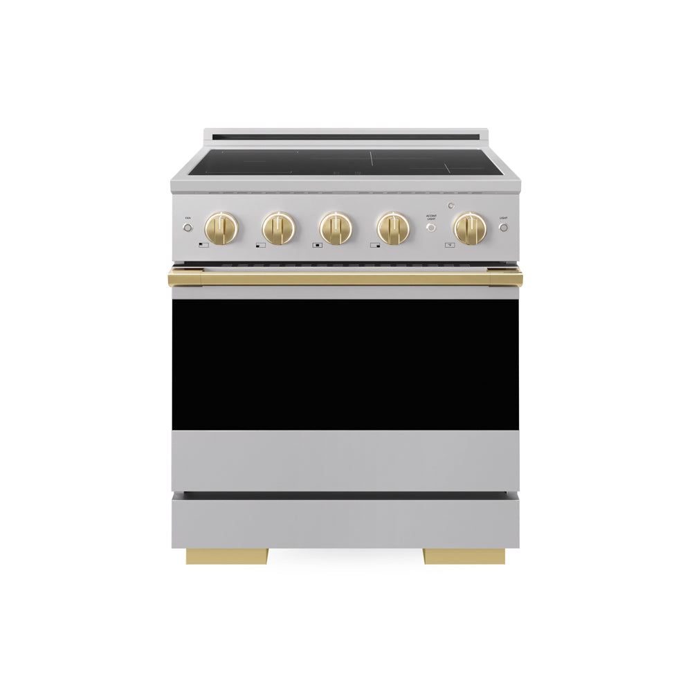 ZLINE Autograph Edition 30 in. 4.2 cu. ft. Marino Induction Range with 4 Element Cooktop and Electric Convection Oven in Stainless Steel with Polished Gold Accents (MINRZ-30-G)