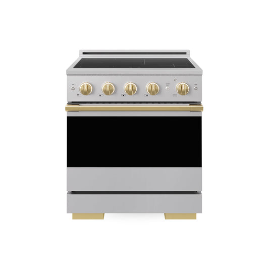 ZLINE Autograph Edition 30 in. 4.2 cu. ft. Marino Induction Range with 4 Element Cooktop and Electric Convection Oven in Stainless Steel with Polished Gold Accents (MINRZ-30-G) main image.