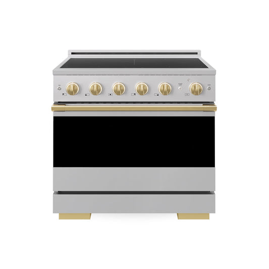 ZLINE Autograph Edition 36 in. 5.2 cu. ft. Marino Induction Range with 5 Element Cooktop and Electric Convection Oven in Stainless Steel with Polished Gold Accents (MINRZ-36-G) main image.