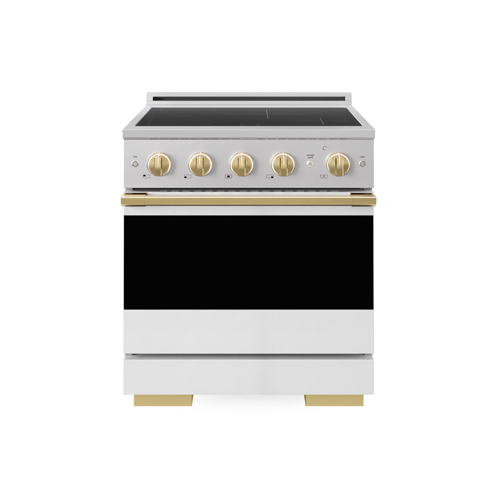 ZLINE Autograph Edition 30 in. 4.2 cu. ft. Marino Induction Range with 4 Element Cooktop and Electric Convection Oven in Stainless Steel with White Matte Door and Polished Gold Accents (MINRZ-WM-30-G)
