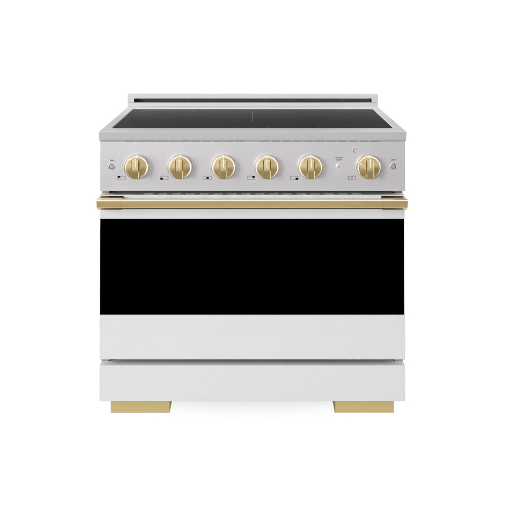 ZLINE Autograph Edition 36 in. 5.2 cu. ft. Marino Induction Range with 5 Element Cooktop and Electric Convection Oven in Stainless Steel with White Matte Door and Polished Gold Accents (MINRZ-WM-36-G)