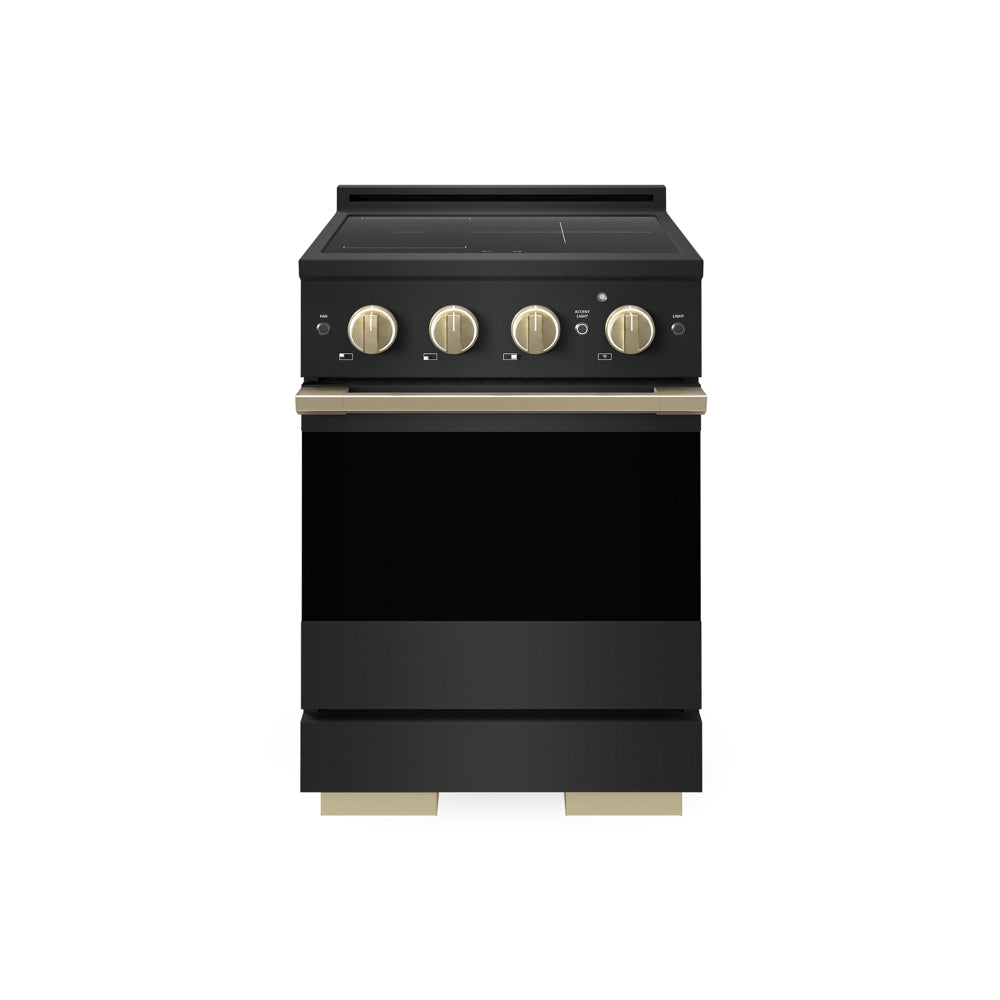 ZLINE Autograph Edition 24 in. 3.2 cu. ft. Marino Induction Range with 3 Element Cooktop and Electric Convection Oven in Black Stainless Steel with Champagne Bronze Accents (MINRBZ-24-CB) main image.