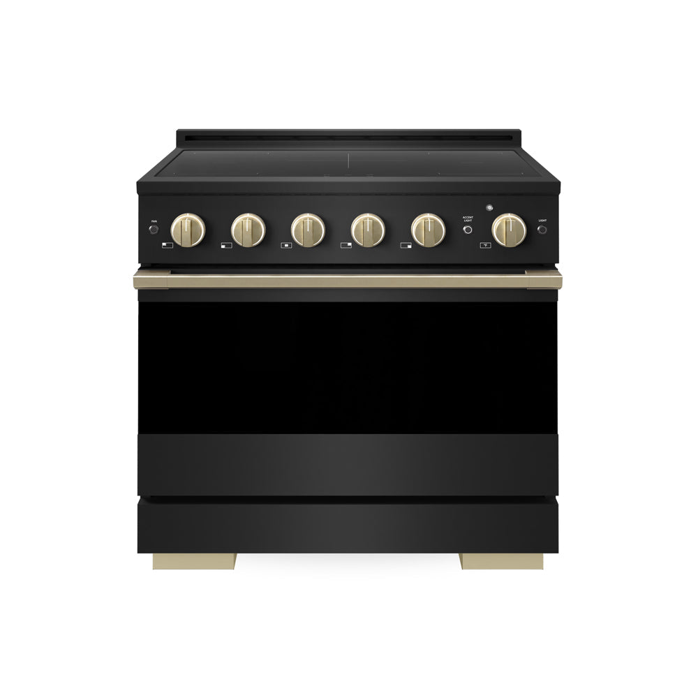 ZLINE Autograph Edition 36 in. 5.2 cu. ft. Marino Induction Range with 5 Element Cooktop and Electric Convection Oven in Black Stainless Steel with Champagne Bronze Accents (MINRBZ-36-CB) main image.
