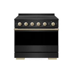 ZLINE Autograph Edition 36 in. 5.2 cu. ft. Marino Induction Range with 5 Element Cooktop and Electric Convection Oven in Black Stainless Steel with Champagne Bronze Accents (MINRBZ-36-CB) main image.