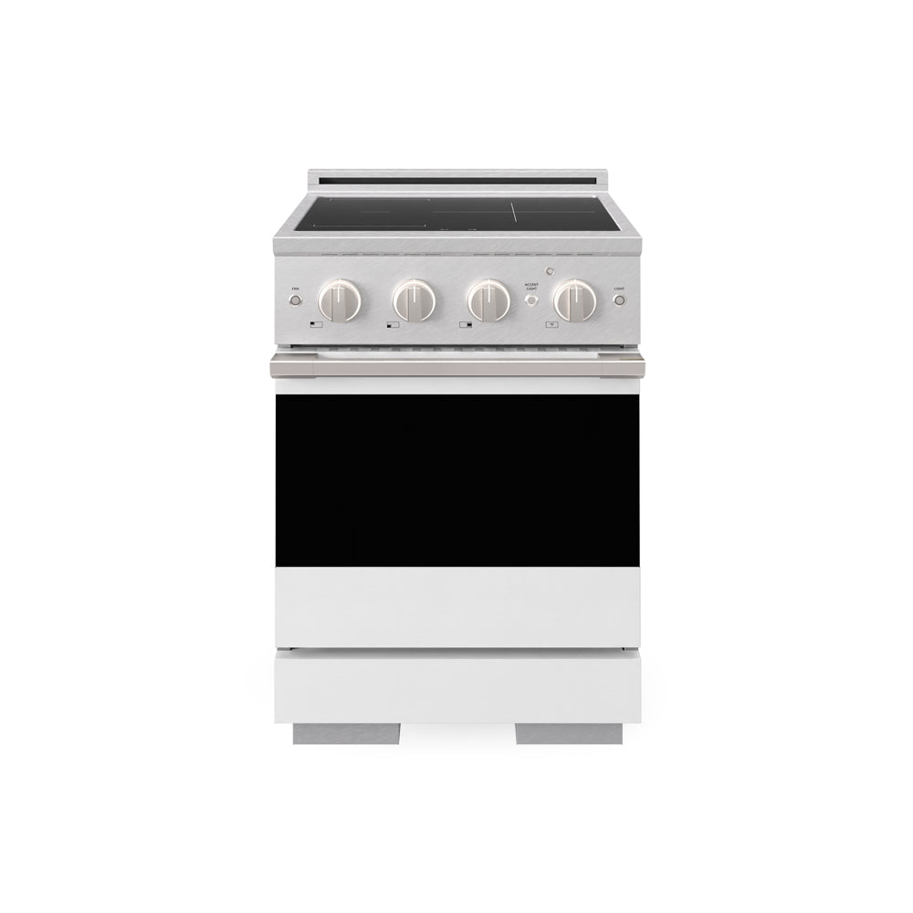 ZLINE 24 in. 3.2 cu. ft. Marino Induction Range with 3 Element Cooktop and Electric Convection Oven in Satin Stainless Steel with White Matte Door (MINRS-WM-24) main image.