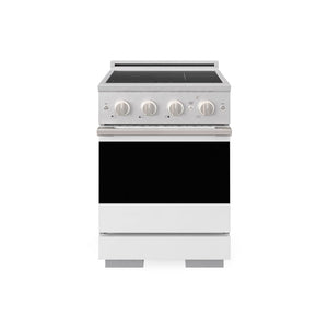 ZLINE 24 in. 3.2 cu. ft. Marino Induction Range with 3 Element Cooktop and Electric Convection Oven in Satin Stainless Steel with White Matte Door (MINRS-WM-24) main image.