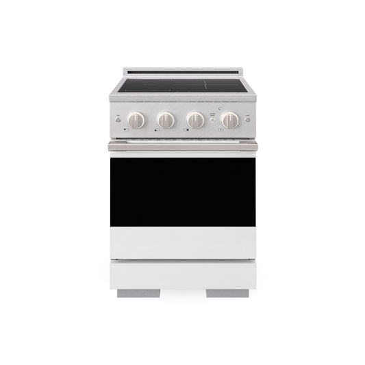 ZLINE 24 in. 3.2 cu. ft. Marino Induction Range with 3 Element Cooktop and Electric Convection Oven in Satin Stainless Steel with White Matte Door (MINRS-WM-24) main image.