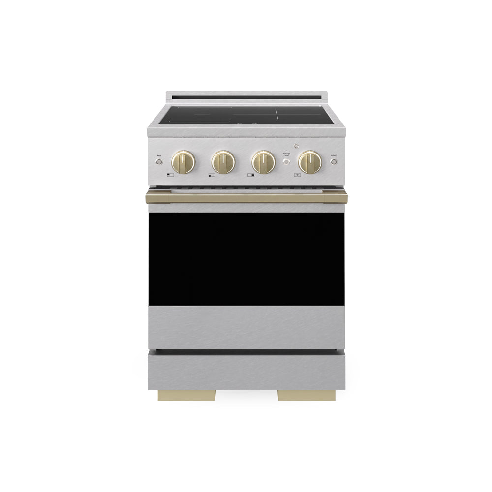 ZLINE Autograph Edition 24 in. 3.2 cu. ft. Marino Induction Range with 3 Element Cooktop and Electric Convection Oven in Satin Stainless Steel with Champagne Bronze Accents (MINRSZ-24-CB) main image.