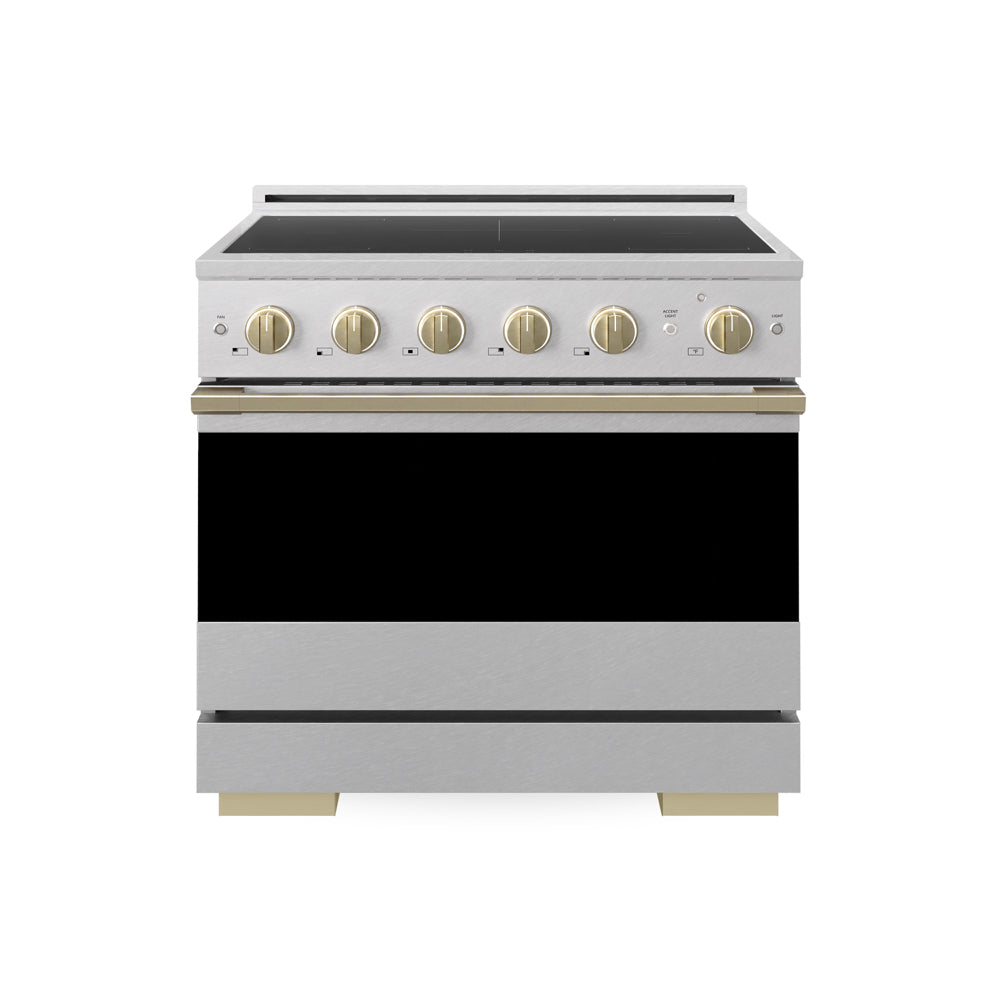 ZLINE Autograph Edition 36 in. 5.2 cu. ft. Marino Induction Range with 5 Element Cooktop and Electric Convection Oven in Satin Stainless Steel with Champagne Bronze Accents (MINRSZ-36-CB) main image.