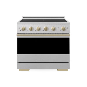 ZLINE Autograph Edition 36 in. 5.2 cu. ft. Marino Induction Range with 5 Element Cooktop and Electric Convection Oven in Satin Stainless Steel with Champagne Bronze Accents (MINRSZ-36-CB) main image.