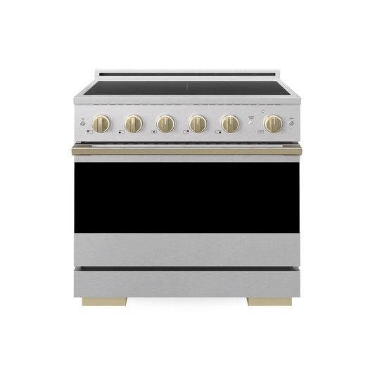 ZLINE Autograph Edition 36 in. 5.2 cu. ft. Marino Induction Range with 5 Element Cooktop and Electric Convection Oven in Satin Stainless Steel with Champagne Bronze Accents (MINRSZ-36-CB) main image.