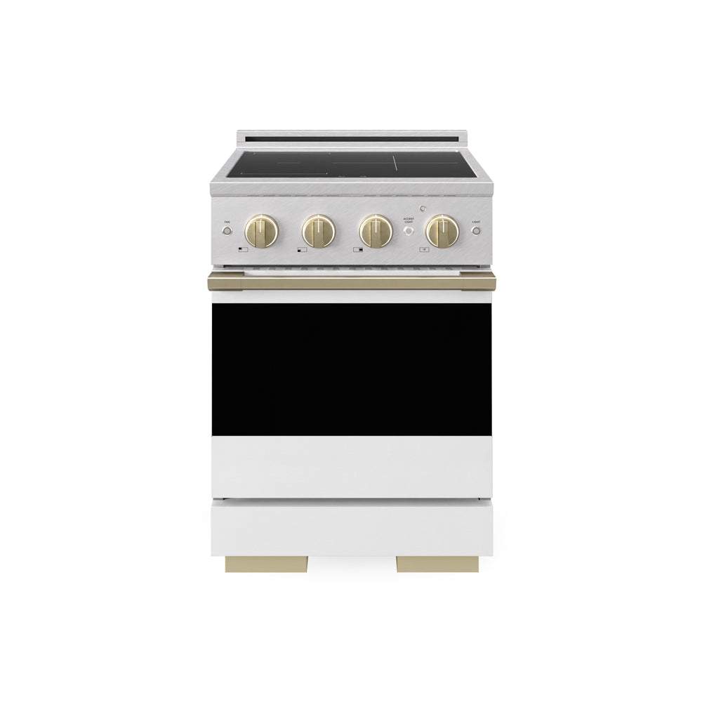 ZLINE Autograph Edition 24 in. 3.2 cu. ft. Marino Induction Range with 3 Element Cooktop and Electric Convection Oven in Satin Stainless Steel with White Matte Door and Champagne Bronze Accents (MINRSZ-WM-24-CB) main image.