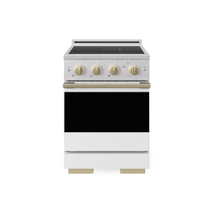 ZLINE Autograph Edition 24 in. 3.2 cu. ft. Marino Induction Range with 3 Element Cooktop and Electric Convection Oven in Satin Stainless Steel with White Matte Door and Champagne Bronze Accents (MINRSZ-WM-24-CB) main image.