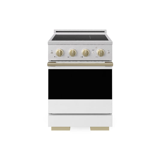 ZLINE Autograph Edition 24 in. 3.2 cu. ft. Marino Induction Range with 3 Element Cooktop and Electric Convection Oven in Satin Stainless Steel with White Matte Door and Champagne Bronze Accents (MINRSZ-WM-24-CB) main image.