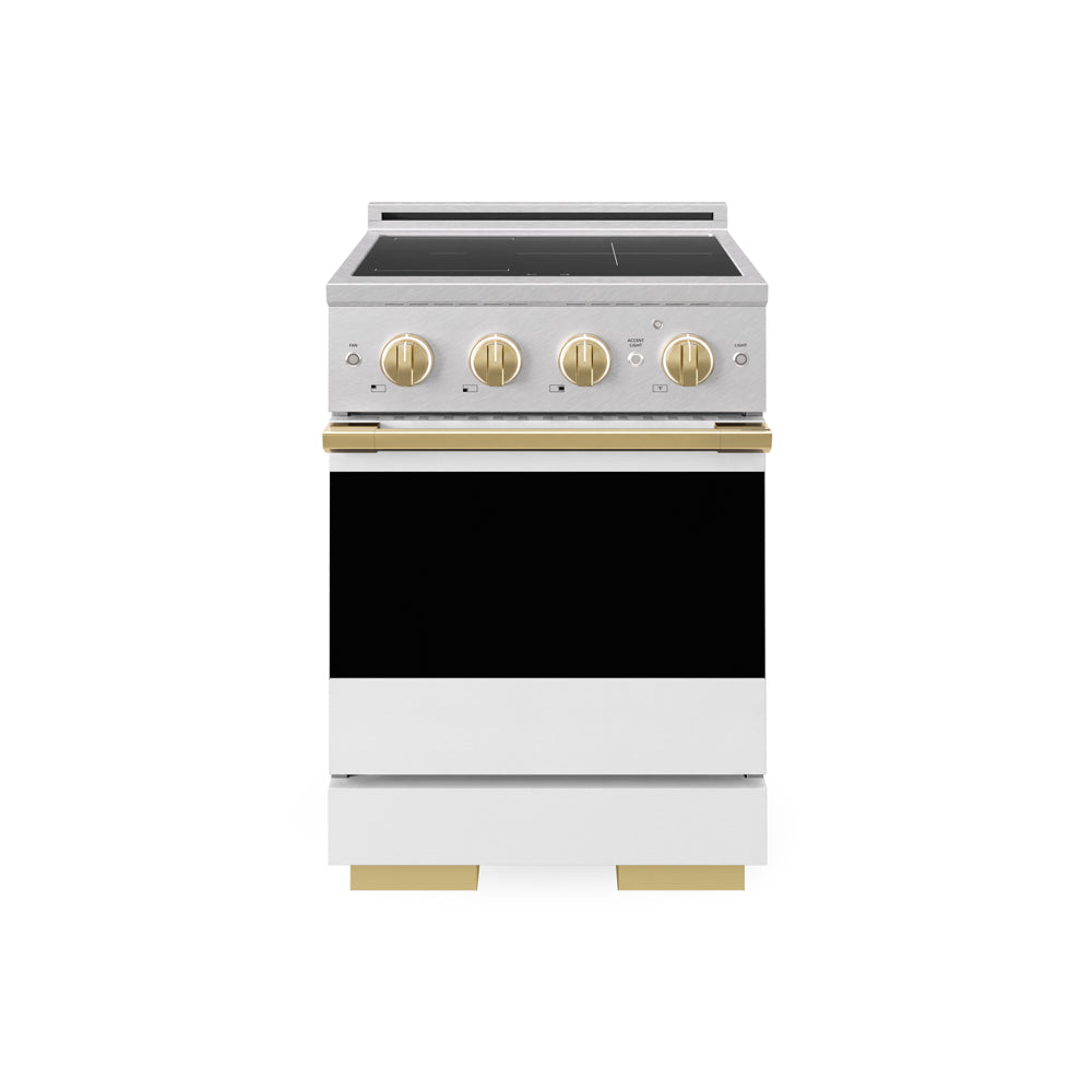 ZLINE Autograph Edition 24 in. 3.2 cu. ft. Marino Induction Range with 3 Element Cooktop and Electric Convection Oven in Satin Stainless Steel with White Matte Door and Polished Gold Accents (MINRSZ-WM-24-G) main image.