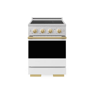 ZLINE Autograph Edition 24 in. 3.2 cu. ft. Marino Induction Range with 3 Element Cooktop and Electric Convection Oven in Satin Stainless Steel with White Matte Door and Polished Gold Accents (MINRSZ-WM-24-G) main image.