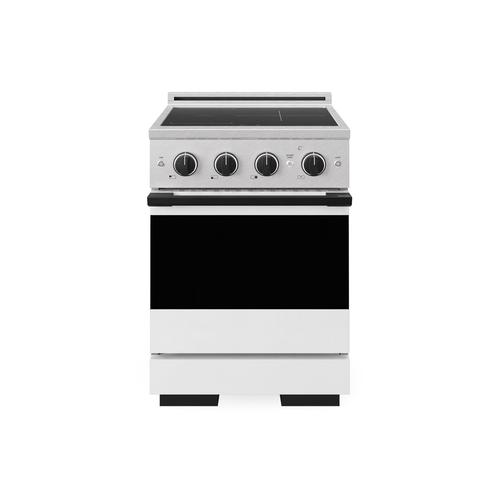 ZLINE Autograph Edition 24 in. 3.2 cu. ft. Marino Induction Range with 3 Element Cooktop and Electric Convection Oven in Satin Stainless Steel with White Matte Door and Matte Black Accents (MINRSZ-WM-24-MB) main image.