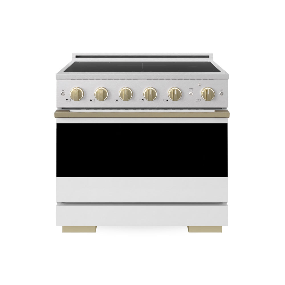 ZLINE Autograph Edition 36 in. 5.2 cu. ft. Marino Induction Range with 5 Element Cooktop and Electric Convection Oven in Satin Stainless Steel with White Matte Door and Champagne Bronze Accents (MINRSZ-WM-36-CB) main image.