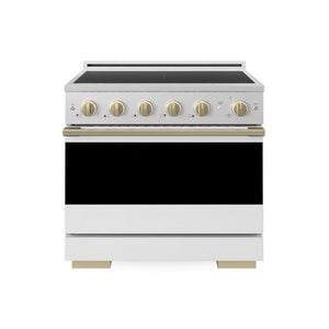 ZLINE Autograph Edition 36 in. 5.2 cu. ft. Marino Induction Range with 5 Element Cooktop and Electric Convection Oven in Satin Stainless Steel with White Matte Door and Champagne Bronze Accents (MINRSZ-WM-36-CB) main image.