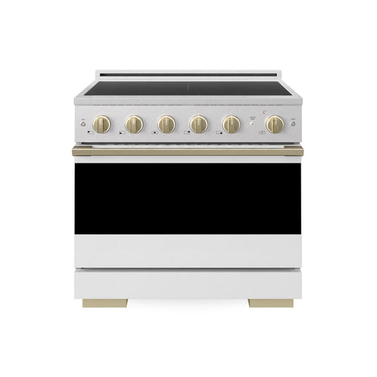 ZLINE Autograph Edition 36 in. 5.2 cu. ft. Marino Induction Range with 5 Element Cooktop and Electric Convection Oven in Satin Stainless Steel with White Matte Door and Champagne Bronze Accents (MINRSZ-WM-36-CB) main image.