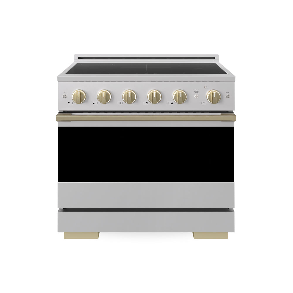ZLINE Autograph Edition 36 in. 5.2 cu. ft. Marino Induction Range with 5 Element Cooktop and Electric Convection Oven in Stainless Steel with Champagne Bronze Accents (MINRZ-36-CB) main image.