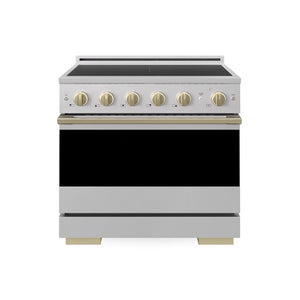 ZLINE Autograph Edition 36 in. 5.2 cu. ft. Marino Induction Range with 5 Element Cooktop and Electric Convection Oven in Stainless Steel with Champagne Bronze Accents (MINRZ-36-CB) main image.