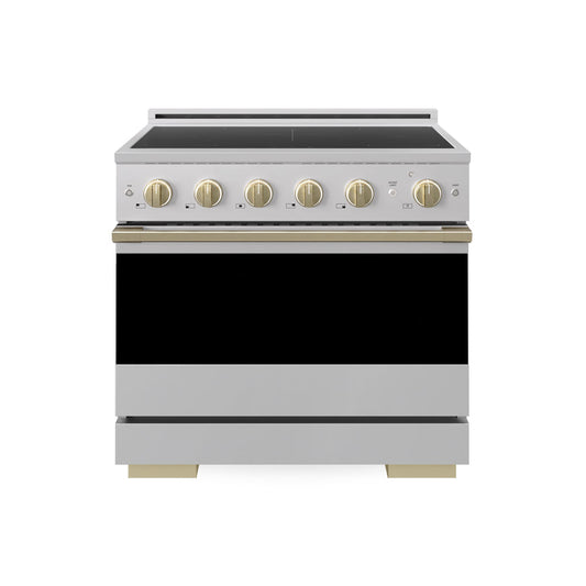 ZLINE Autograph Edition 36 in. 5.2 cu. ft. Marino Induction Range with 5 Element Cooktop and Electric Convection Oven in Stainless Steel with Champagne Bronze Accents (MINRZ-36-CB) main image.