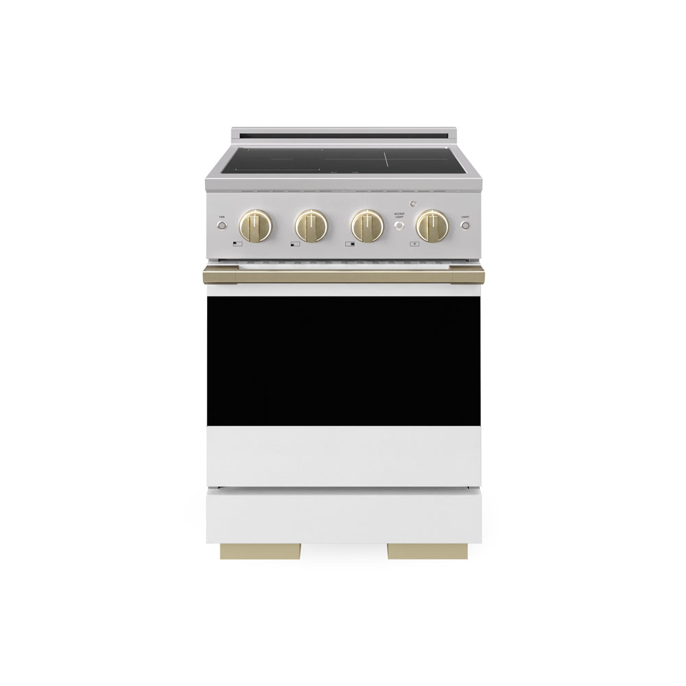 ZLINE Autograph Edition 24 in. 3.2 cu. ft. Marino Induction Range with 3 Element Cooktop and Electric Convection Oven in Stainless Steel with White Matte Door and Champagne Bronze Accents (MINRZ-WM-24-CB) main image.