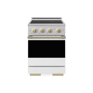 ZLINE Autograph Edition 24 in. 3.2 cu. ft. Marino Induction Range with 3 Element Cooktop and Electric Convection Oven in Stainless Steel with White Matte Door and Champagne Bronze Accents (MINRZ-WM-24-CB) main image.