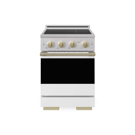 ZLINE Autograph Edition 24 in. 3.2 cu. ft. Marino Induction Range with 3 Element Cooktop and Electric Convection Oven in Stainless Steel with White Matte Door and Champagne Bronze Accents (MINRZ-WM-24-CB) main image.