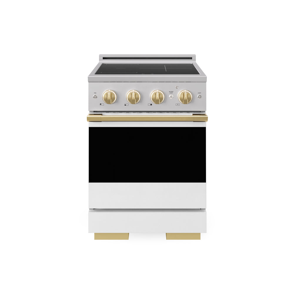 ZLINE Autograph Edition 24 in. 3.2 cu. ft. Marino Induction Range with 3 Element Cooktop and Electric Convection Oven in Stainless Steel with White Matte Door and Polished Gold Accents (MINRZ-WM-24-G) main image.