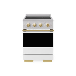 ZLINE Autograph Edition 24 in. 3.2 cu. ft. Marino Induction Range with 3 Element Cooktop and Electric Convection Oven in Stainless Steel with White Matte Door and Polished Gold Accents (MINRZ-WM-24-G) main image.