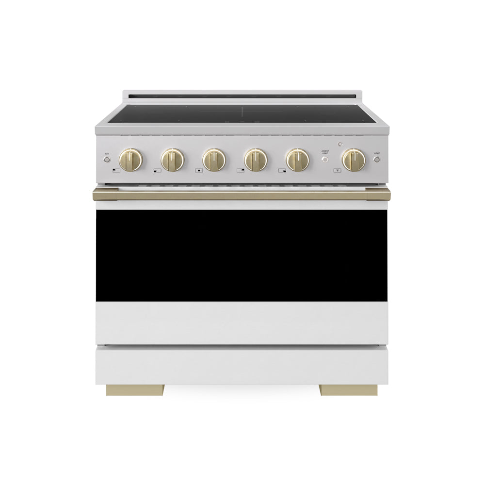 ZLINE Autograph Edition 36 in. 5.2 cu. ft. Marino Induction Range with 5 Element Cooktop and Electric Convection Oven in Stainless Steel with White Matte Door and Champagne Bronze Accents (MINRZ-WM-36-CB) main image.