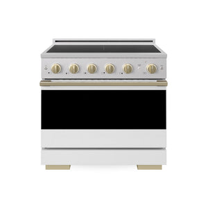 ZLINE Autograph Edition 36 in. 5.2 cu. ft. Marino Induction Range with 5 Element Cooktop and Electric Convection Oven in Stainless Steel with White Matte Door and Champagne Bronze Accents (MINRZ-WM-36-CB) main image.