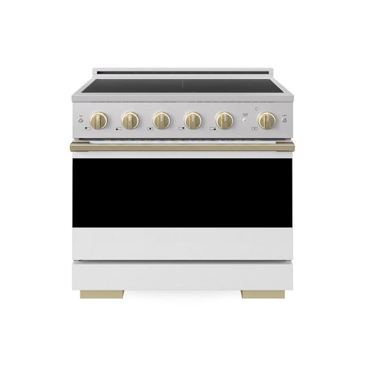 ZLINE Autograph Edition 36 in. 5.2 cu. ft. Marino Induction Range with 5 Element Cooktop and Electric Convection Oven in Stainless Steel with White Matte Door and Champagne Bronze Accents (MINRZ-WM-36-CB) main image.