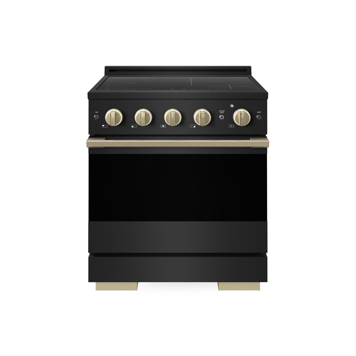 ZLINE Autograph Edition 30 in. 4.2 cu. ft. Marino Induction Range with 4 Element Cooktop and Electric Convection Oven in Black Stainless Steel with Champagne Bronze Accents (MINRBZ-30-CB) main image.