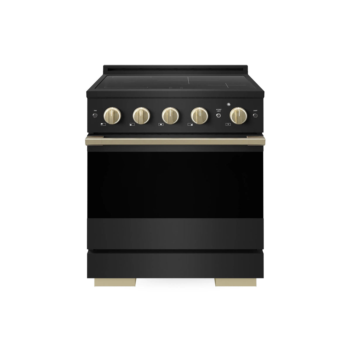 ZLINE Autograph Edition 30 in. 4.2 cu. ft. Marino Induction Range with 4 Element Cooktop and Electric Convection Oven in Black Stainless Steel with Champagne Bronze Accents (MINRBZ-30-CB) main image.