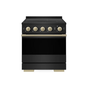 ZLINE Autograph Edition 30 in. 4.2 cu. ft. Marino Induction Range with 4 Element Cooktop and Electric Convection Oven in Black Stainless Steel with Champagne Bronze Accents (MINRBZ-30-CB) main image.