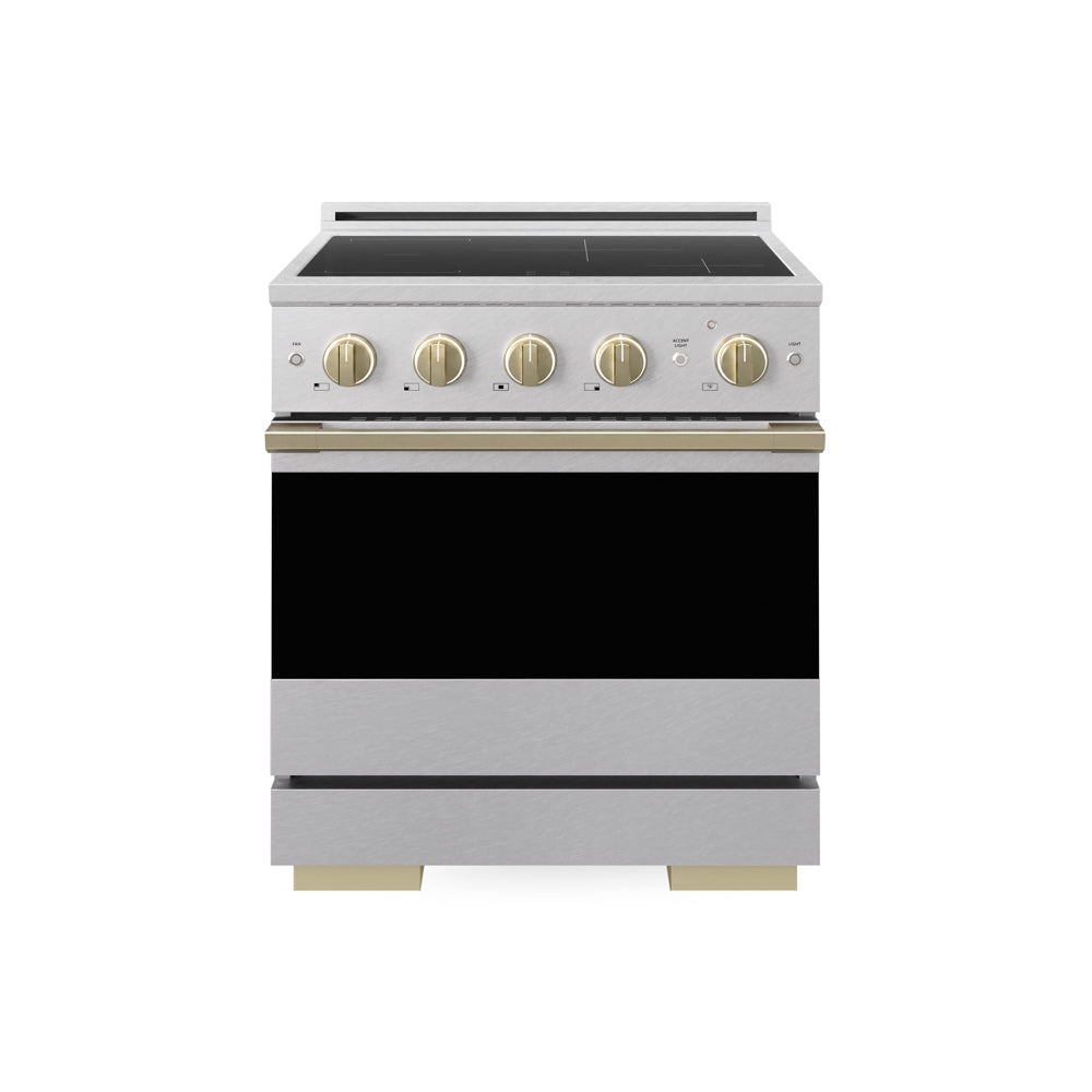 ZLINE Autograph Edition 30 in. 4.2 cu. ft. Marino Induction Range with 4 Element Cooktop and Electric Convection Oven in Satin Stainless Steel with Champagne Bronze Accents (MINRSZ-30-CB) main image.